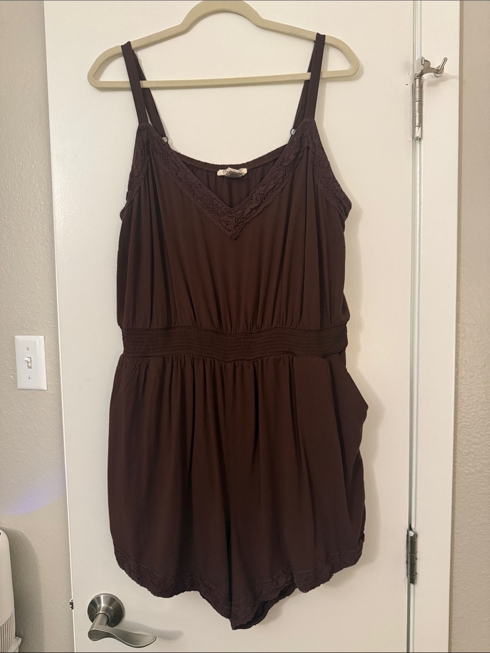 Festi Brown Lace-Trim Romper with Smocked Waist and pockets